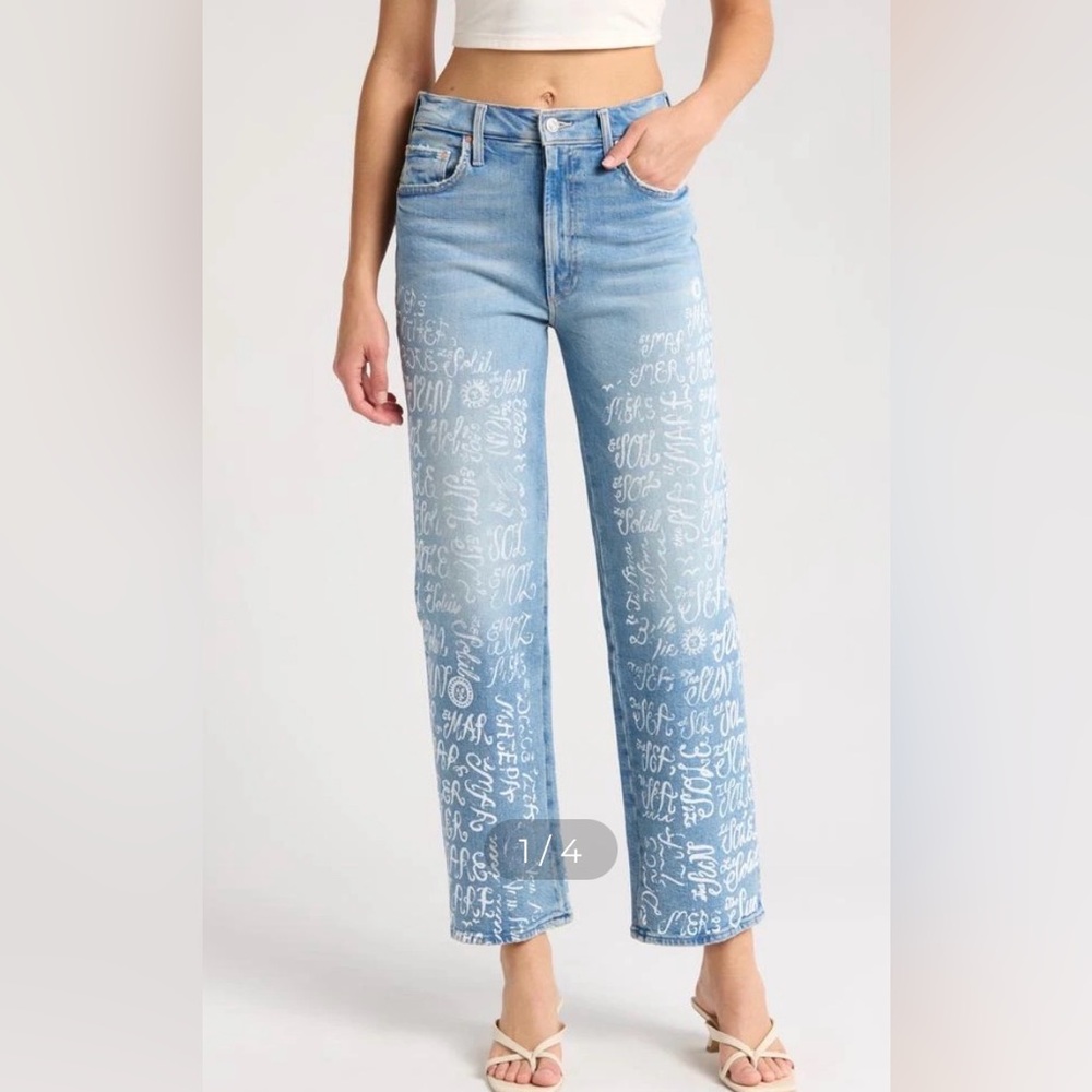 MOTHER Superior rambler zip hover Light Blue Jeans w/White Script 23 worn once